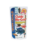 A package of Hikari Cichlid Bio-Gold+ Pellet Fish Food featuring images of cichlids and descriptive text against a blue background.