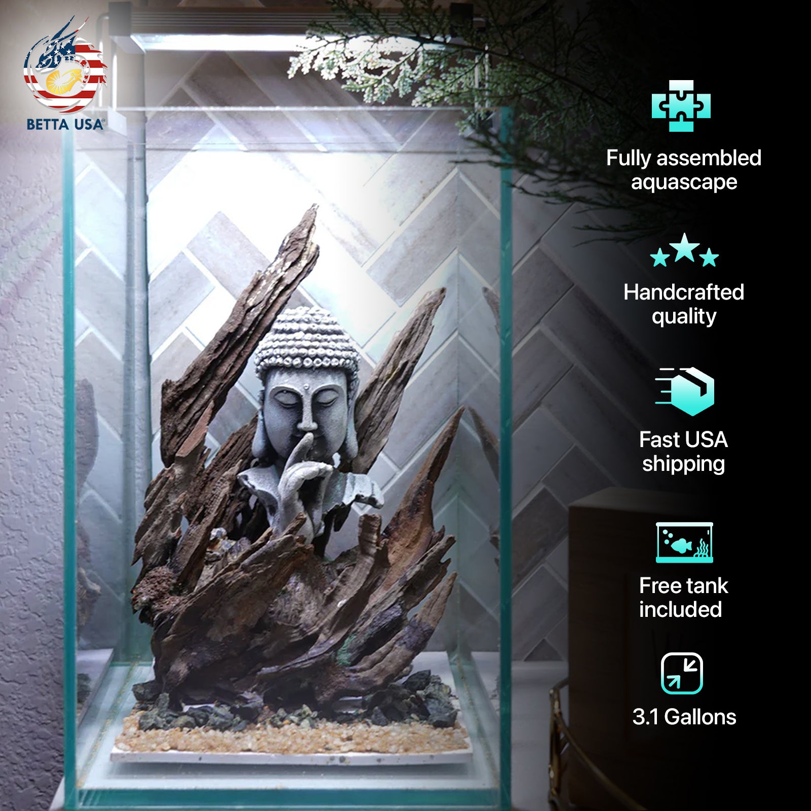 [SCAPE-02] Buddha Aquarium Decor with Driftwood - 3.1 Gallons