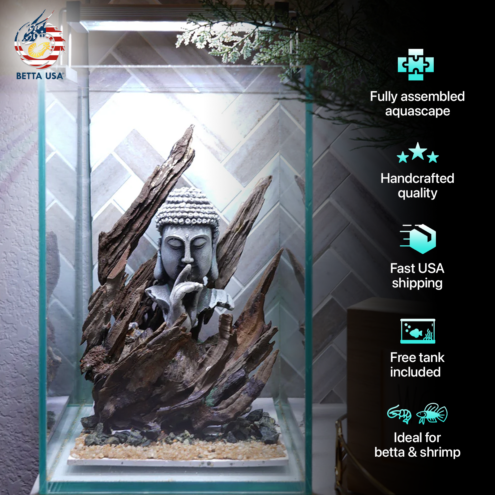 [SCAPE-02] Buddha Aquarium Decor with Driftwood - 3.1 Gallons