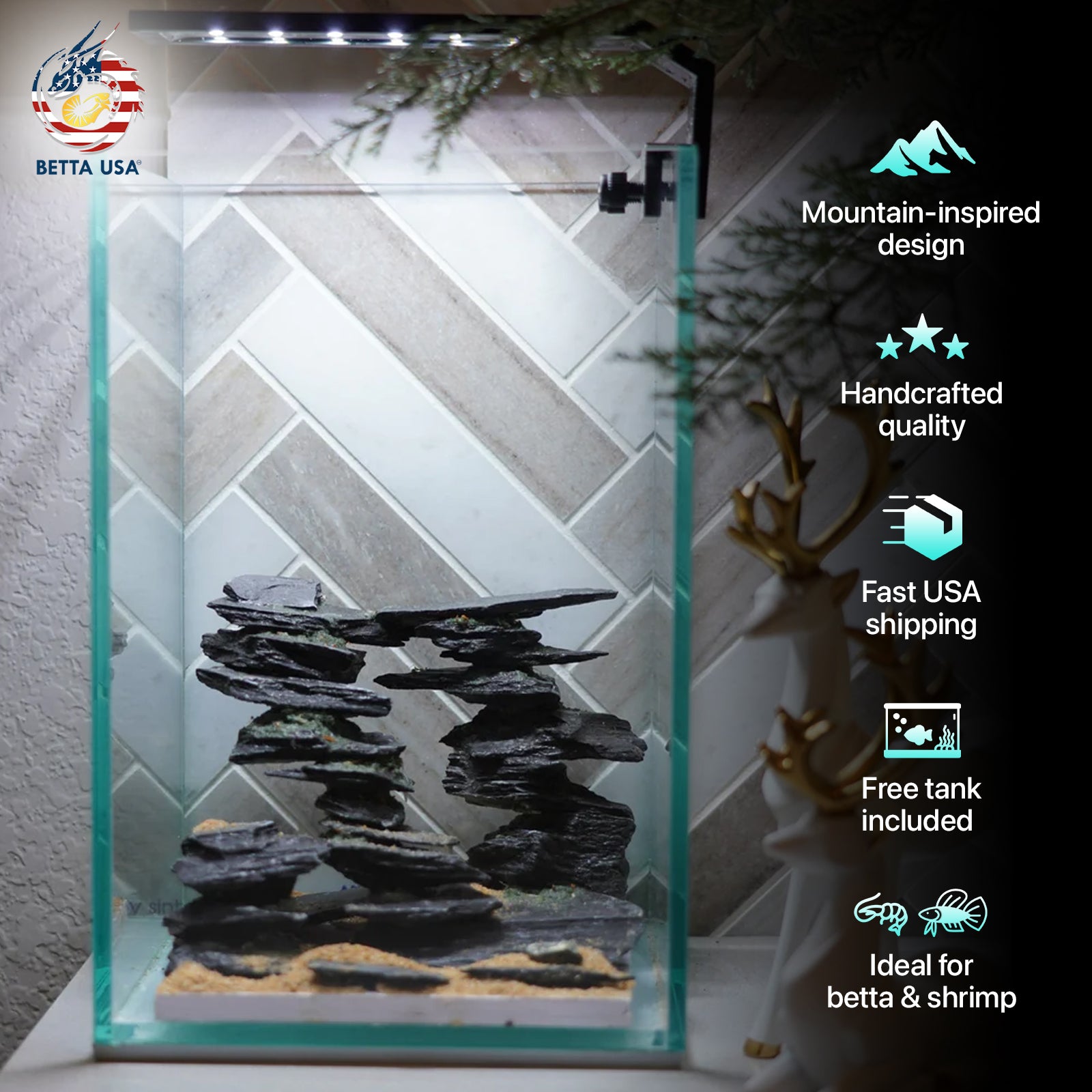 [SCAPE-68]  Mountain-Inspired Aquarium Aquascape – 1.6 Gallons - Betta USA Aquatic