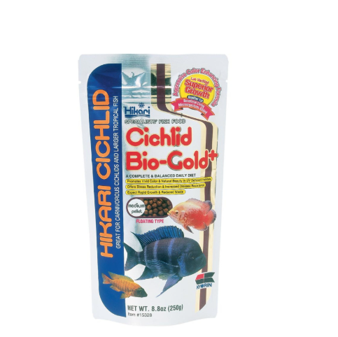A package of Hikari Cichlid Bio-Gold+ Pellet Fish Food featuring images of cichlids and descriptive text against a blue background.